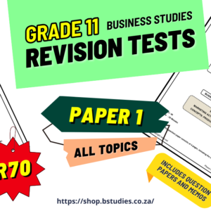 Header image, Grade 11 business studies revision tests, all paper 1 topics, including question papers and memos for exam preparation. 2024
