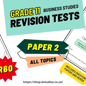 Header image, Grade 11 business studies revision tests, all paper 2 topics, including question papers and memos for exam preparation. 2024